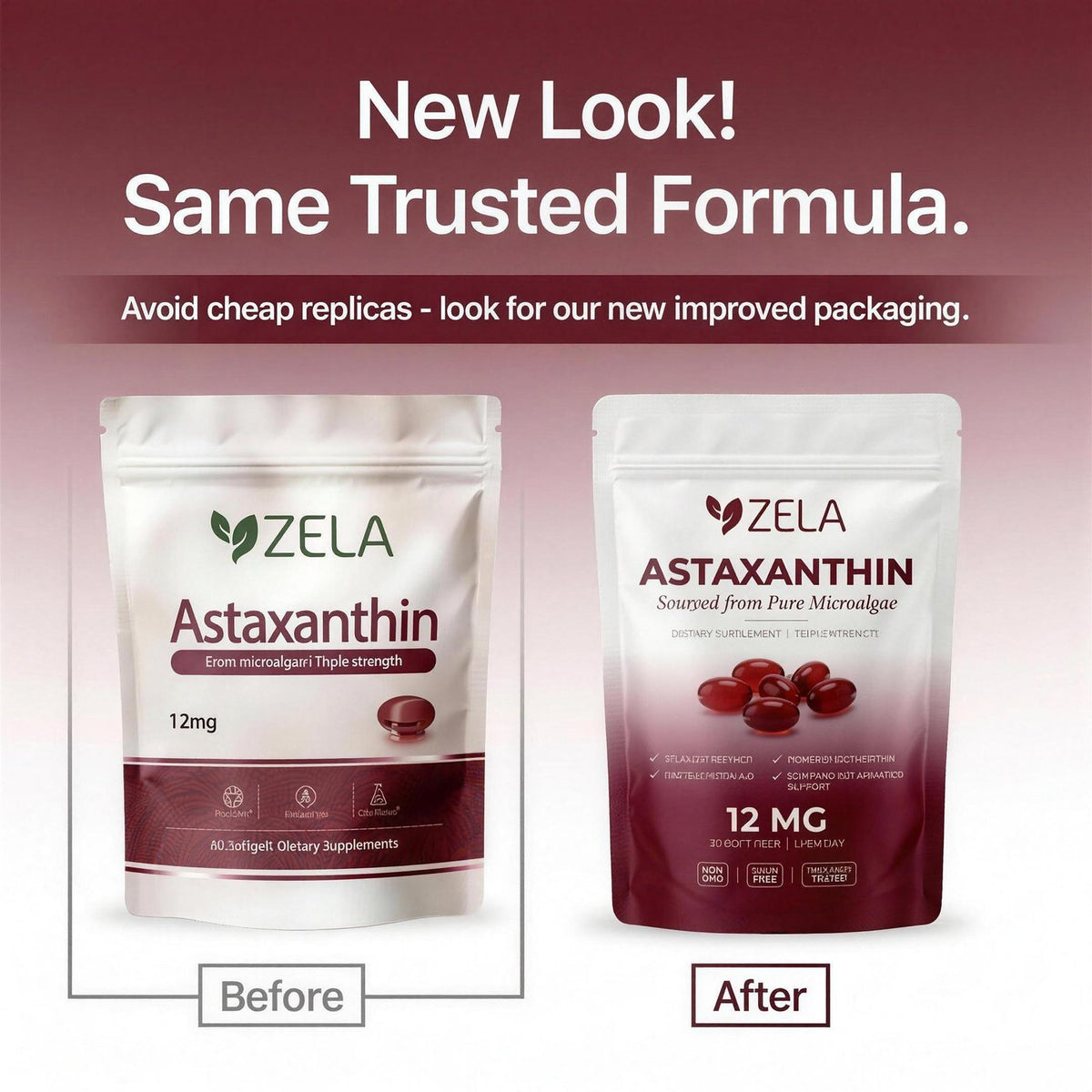 Old and new Zela packaging side by side