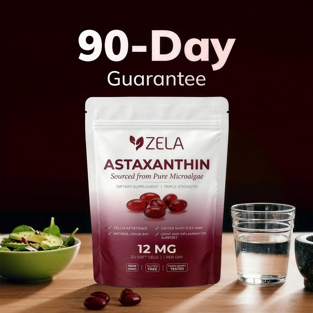 Zela Astaxanthin pouch with a 90-day guarantee