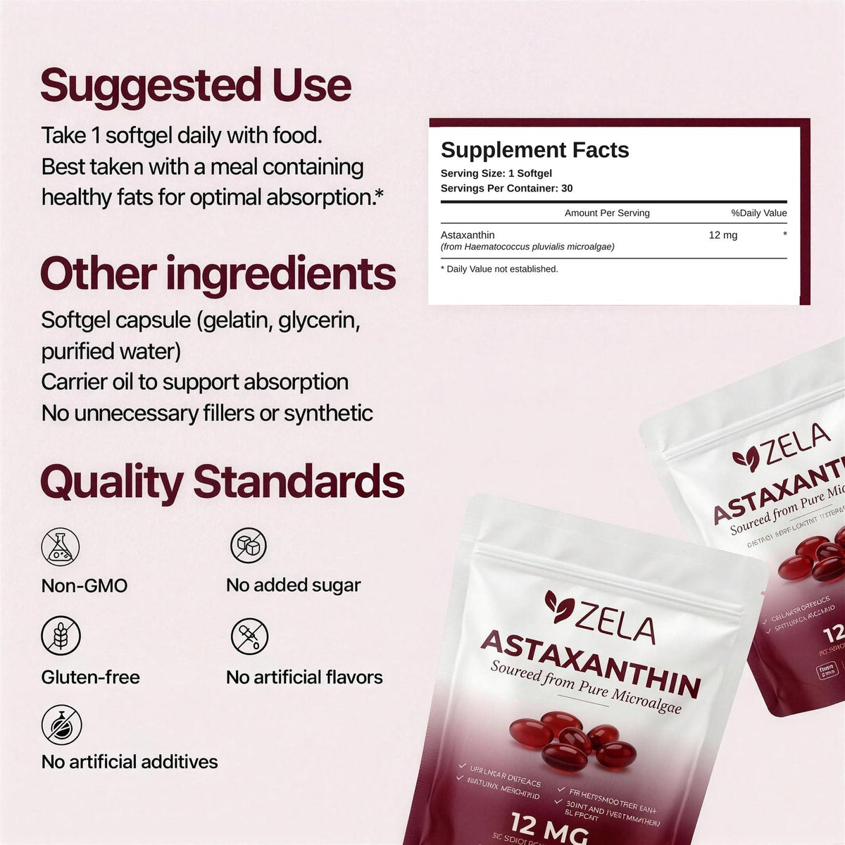 Supplement facts, suggested use and other ingredients for Zela Astaxanthin