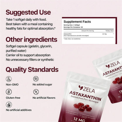 Supplement facts, suggested use and other ingredients for Zela Astaxanthin