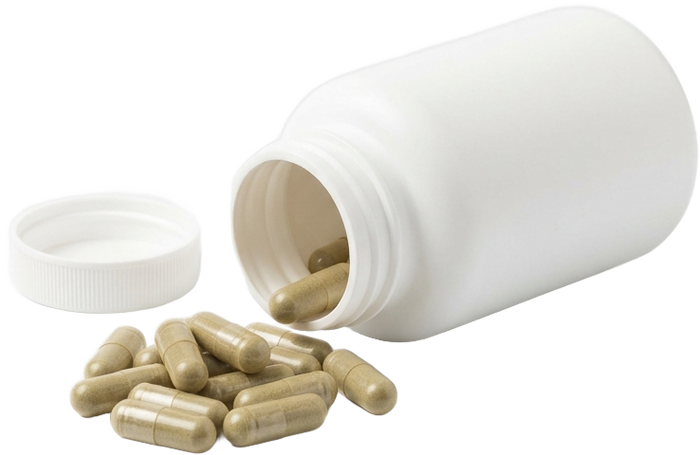 A plain unbranded bottle with capsules spilling out